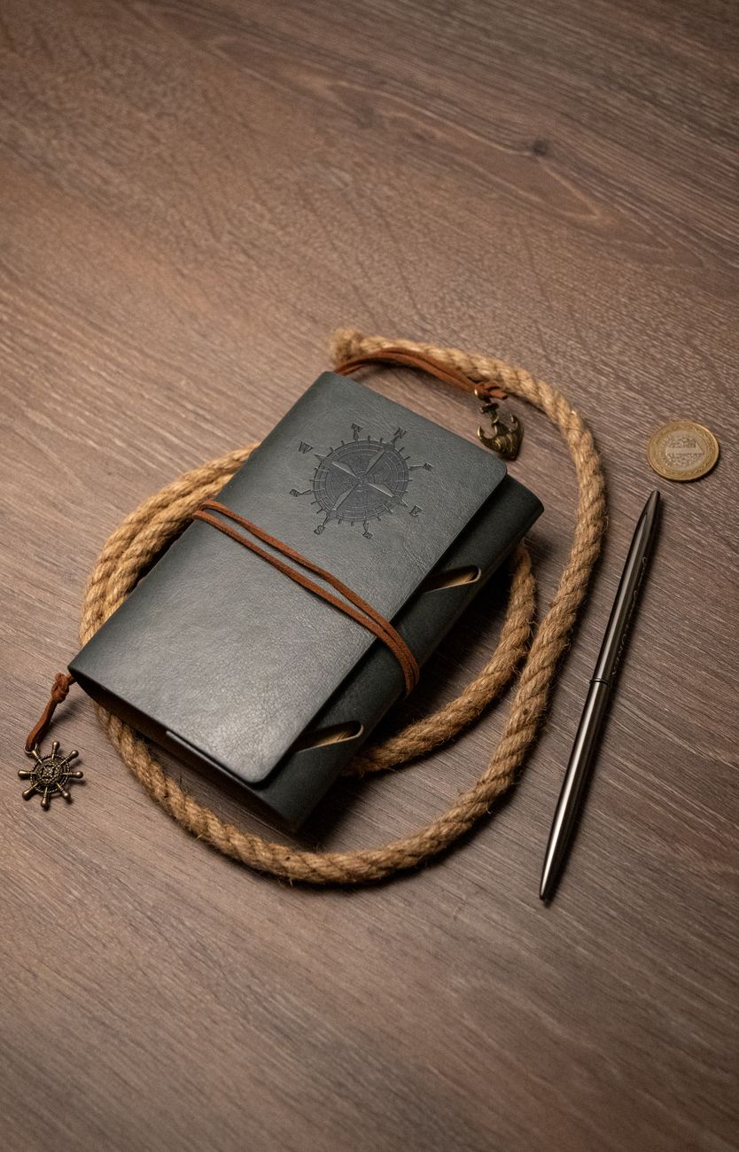 Travel journal and vintage compass on a rustic desk